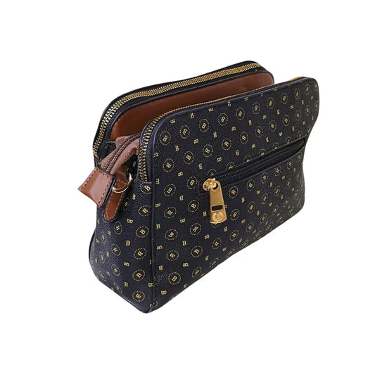 Patterned handbag with gold accents on a white background