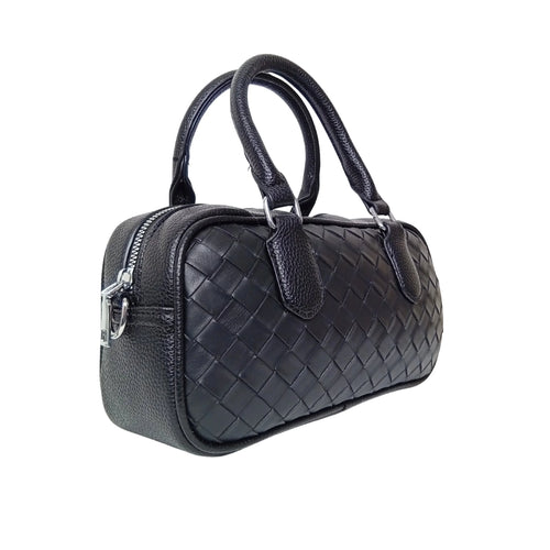 Woven Leather Barrel Bag MS-4299 - Black - Handbag