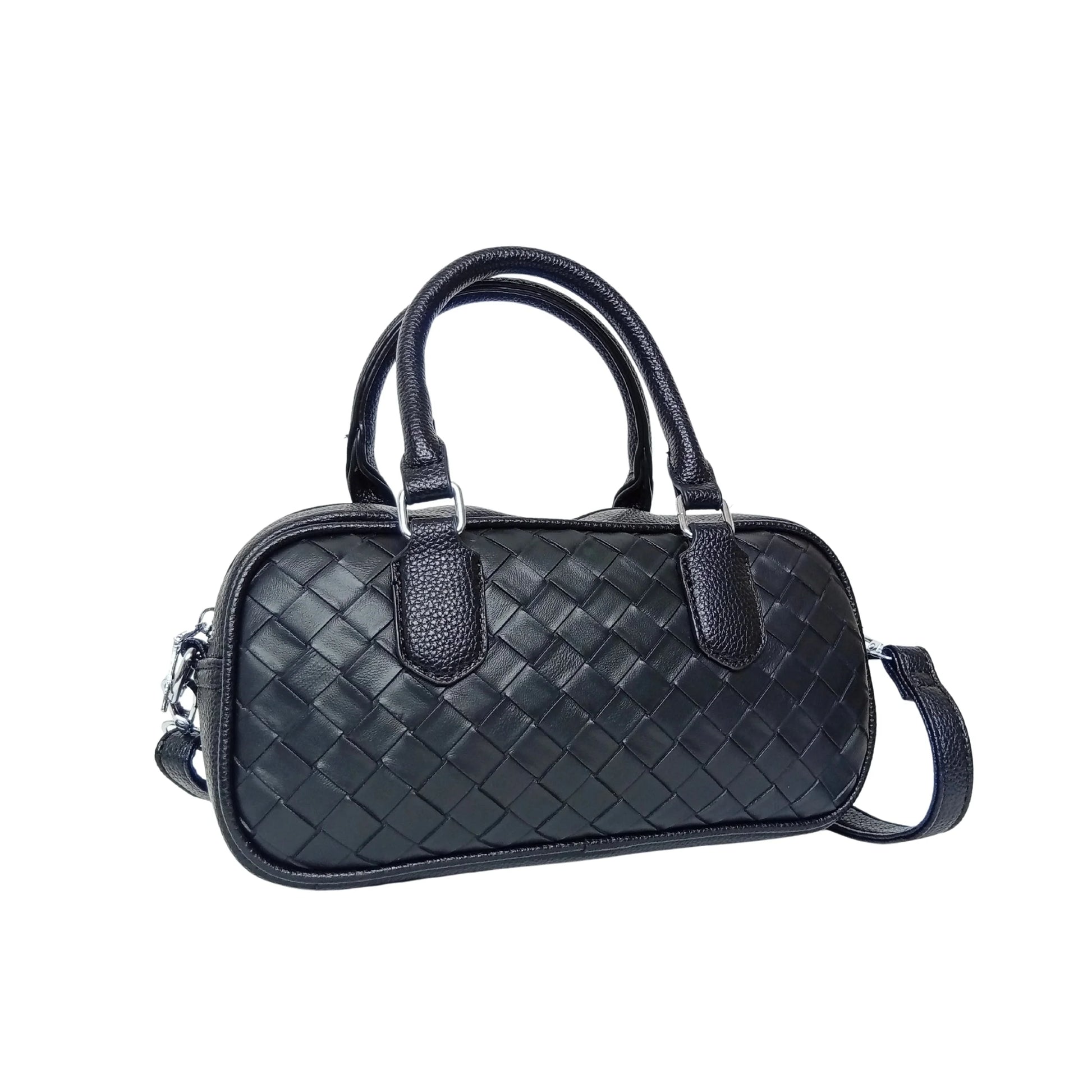 Woven Leather Barrel Bag MS-4299 - Black - Handbag