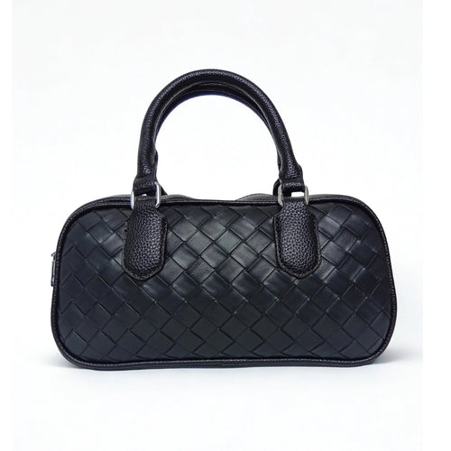 Woven Leather Barrel Bag MS-4299 - Black - Handbag