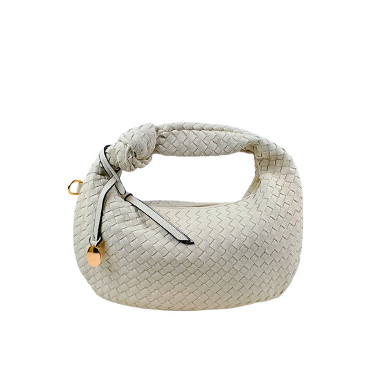 Light gray woven leather shoulder bag with knot handle and removable shoulder strap