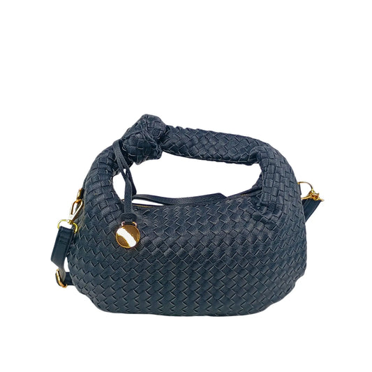 Black woven leather hobo bag with knot handle, gold hardware, and removable shoulder strap