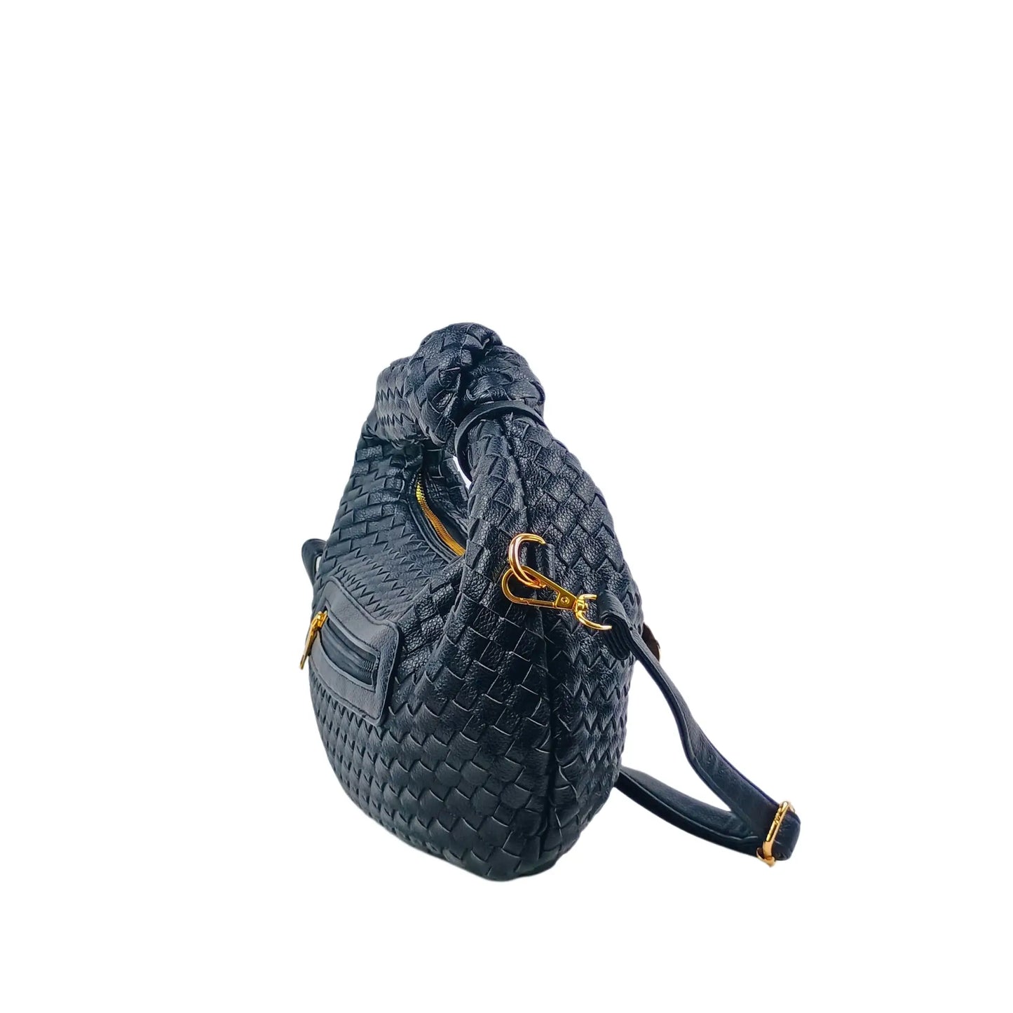 Black woven leather shoulder bag with gold hardware, zipper pockets, and removable shoulder strap