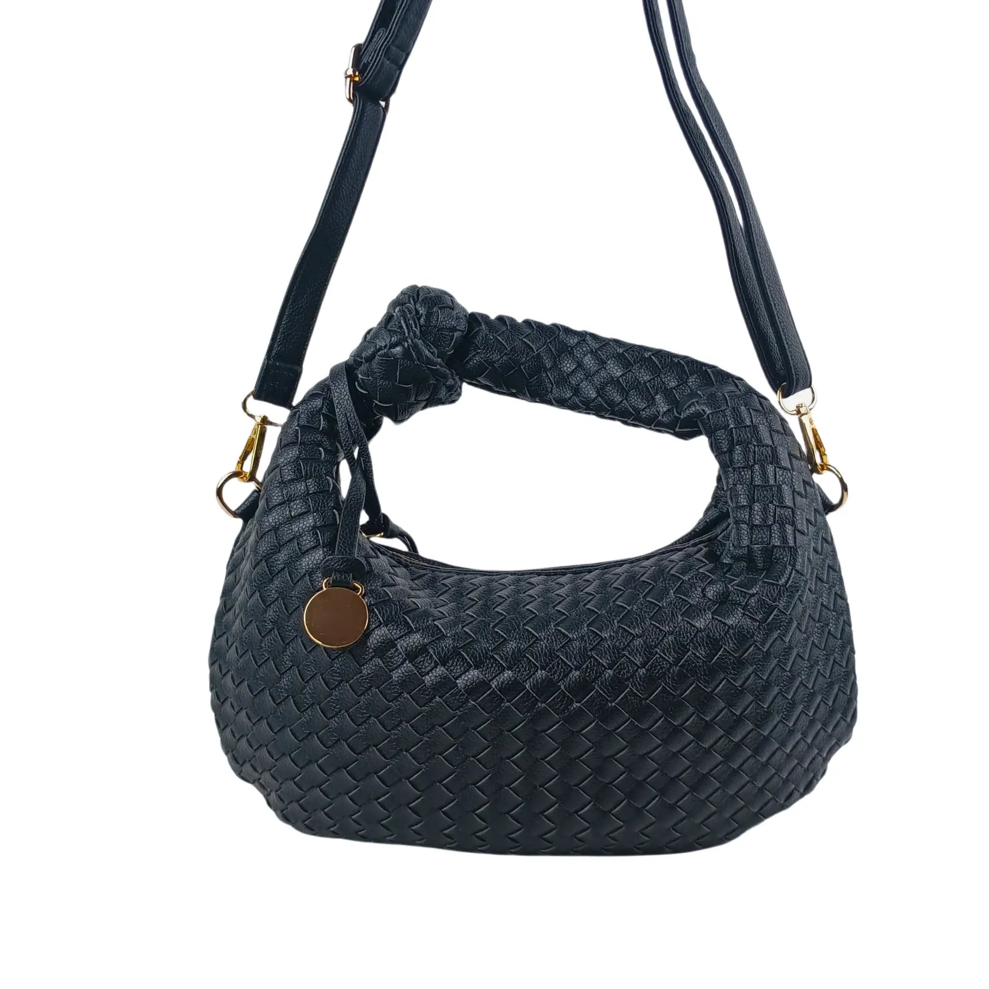 Black woven leather shoulder bag with knot handle and removable shoulder strap
