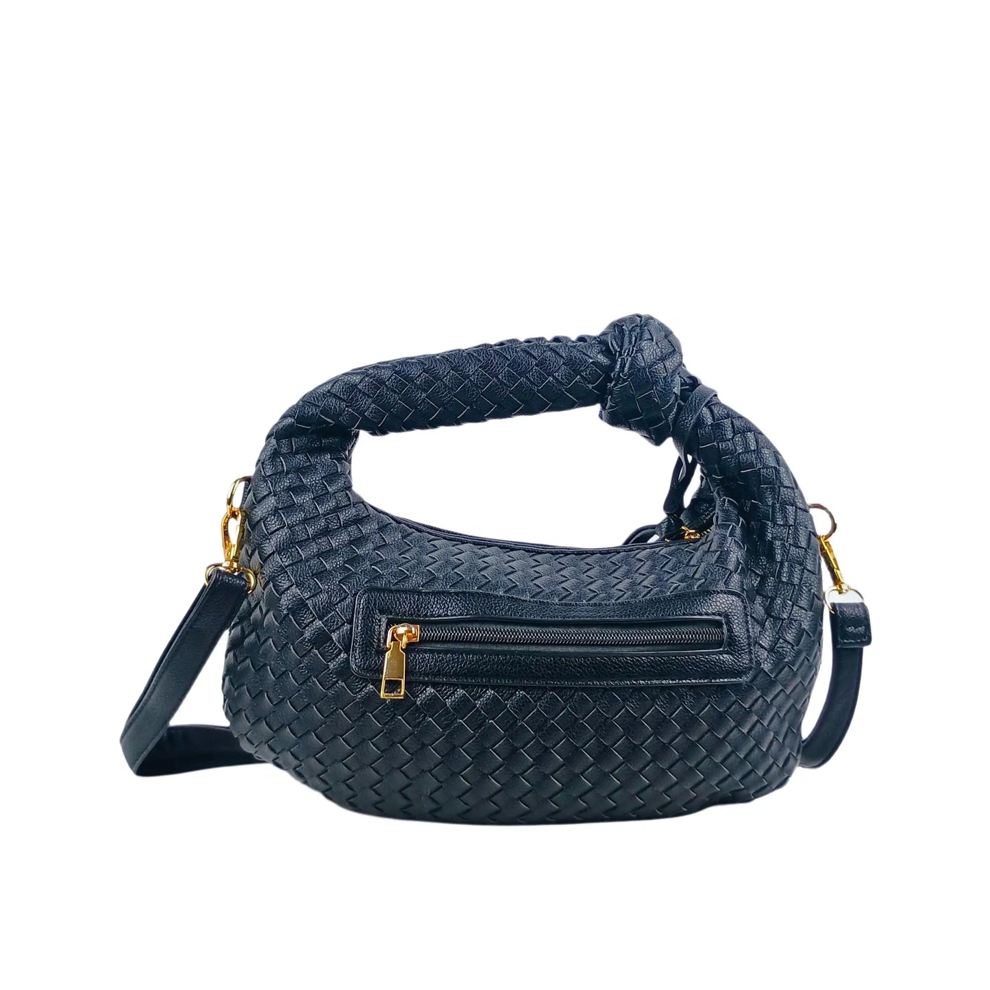 Dark blue woven leather shoulder bag with knot handle, gold zipper, and removable shoulder strap