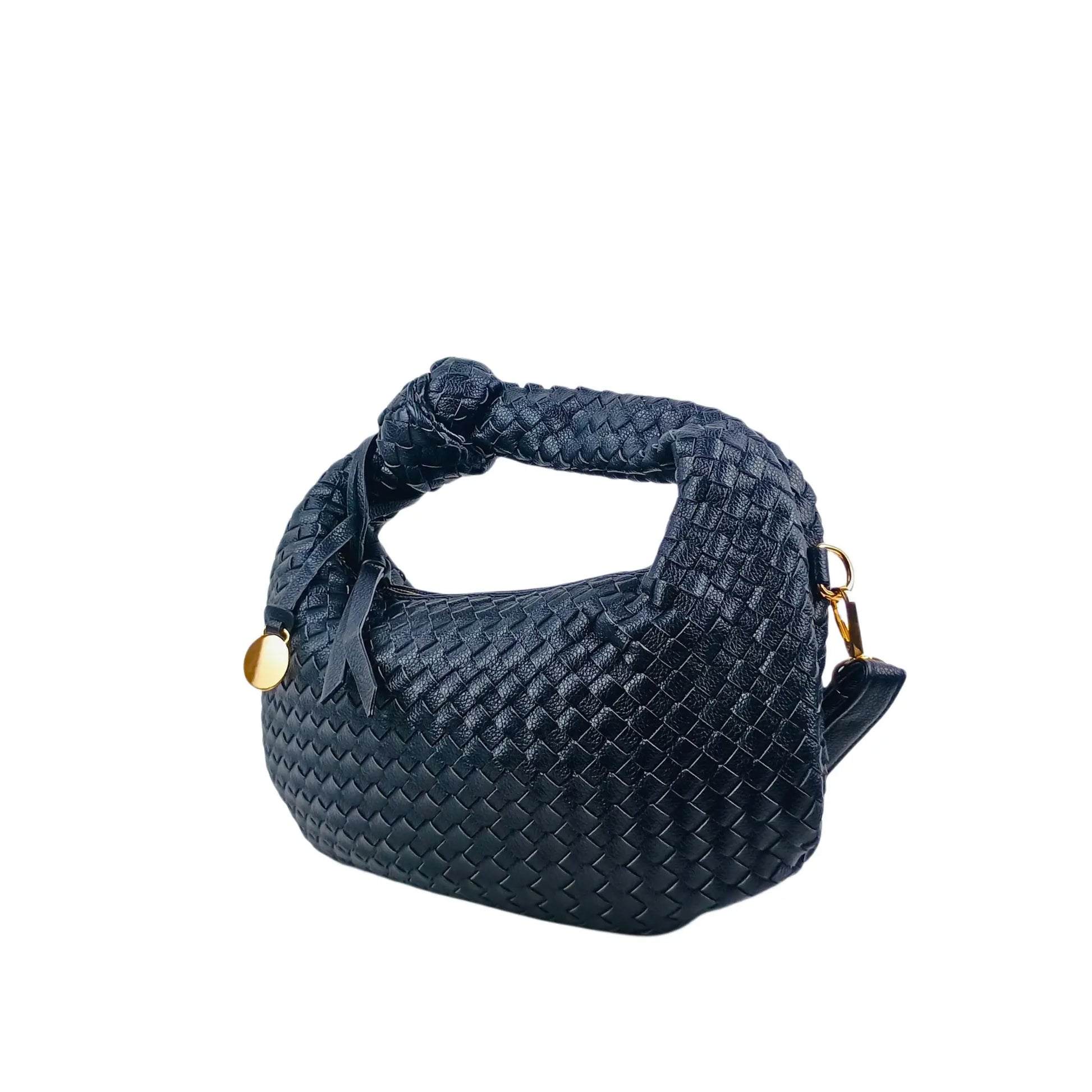 Dark blue woven leather shoulder bag with knot handle, gold charm, and removable shoulder strap