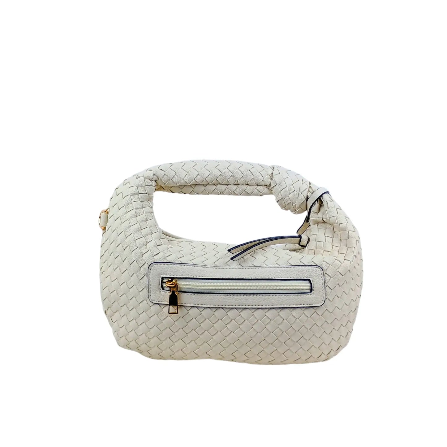 Light beige woven leather shoulder bag with knotted handle and removable shoulder strap