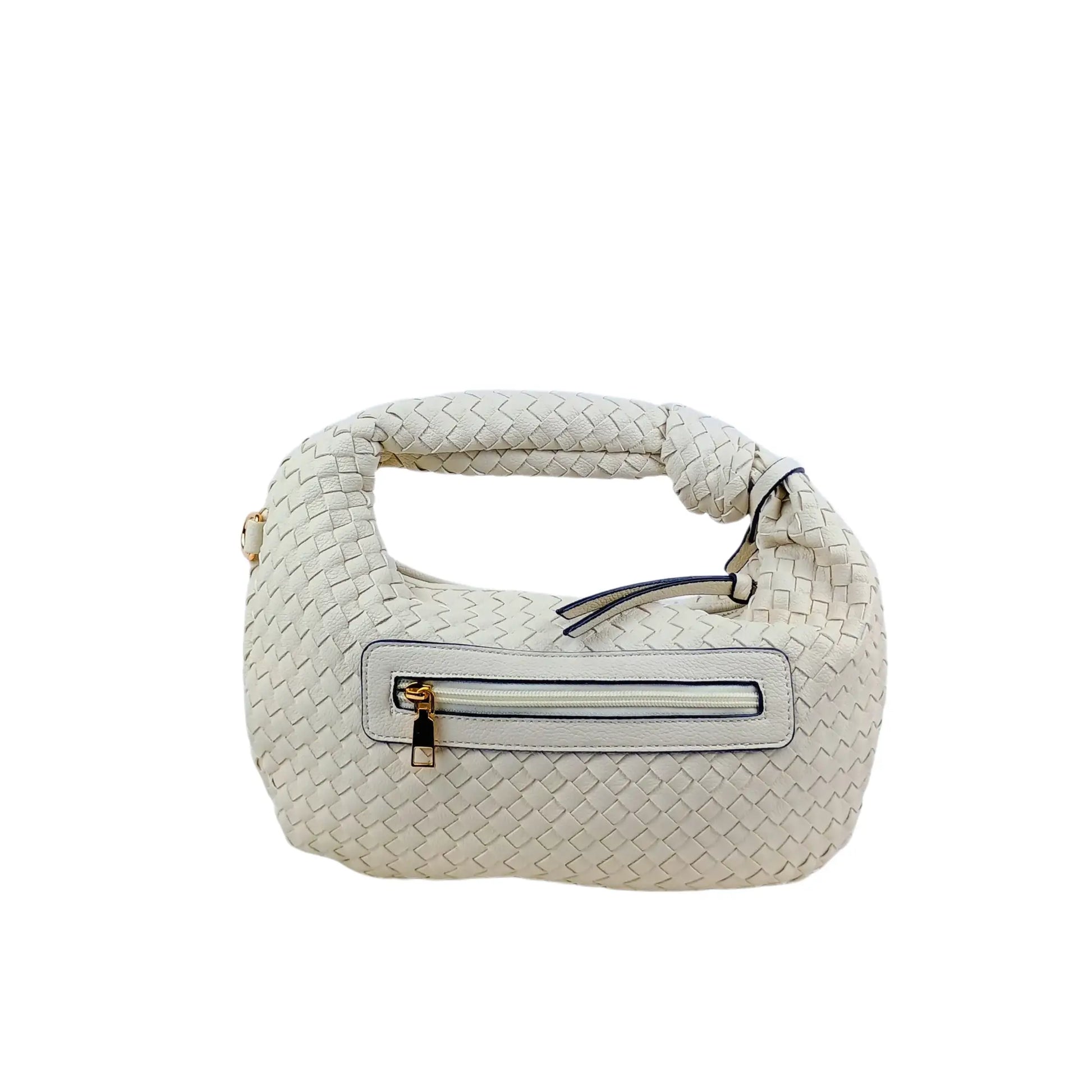 Light beige woven leather shoulder bag with knotted handle and removable shoulder strap