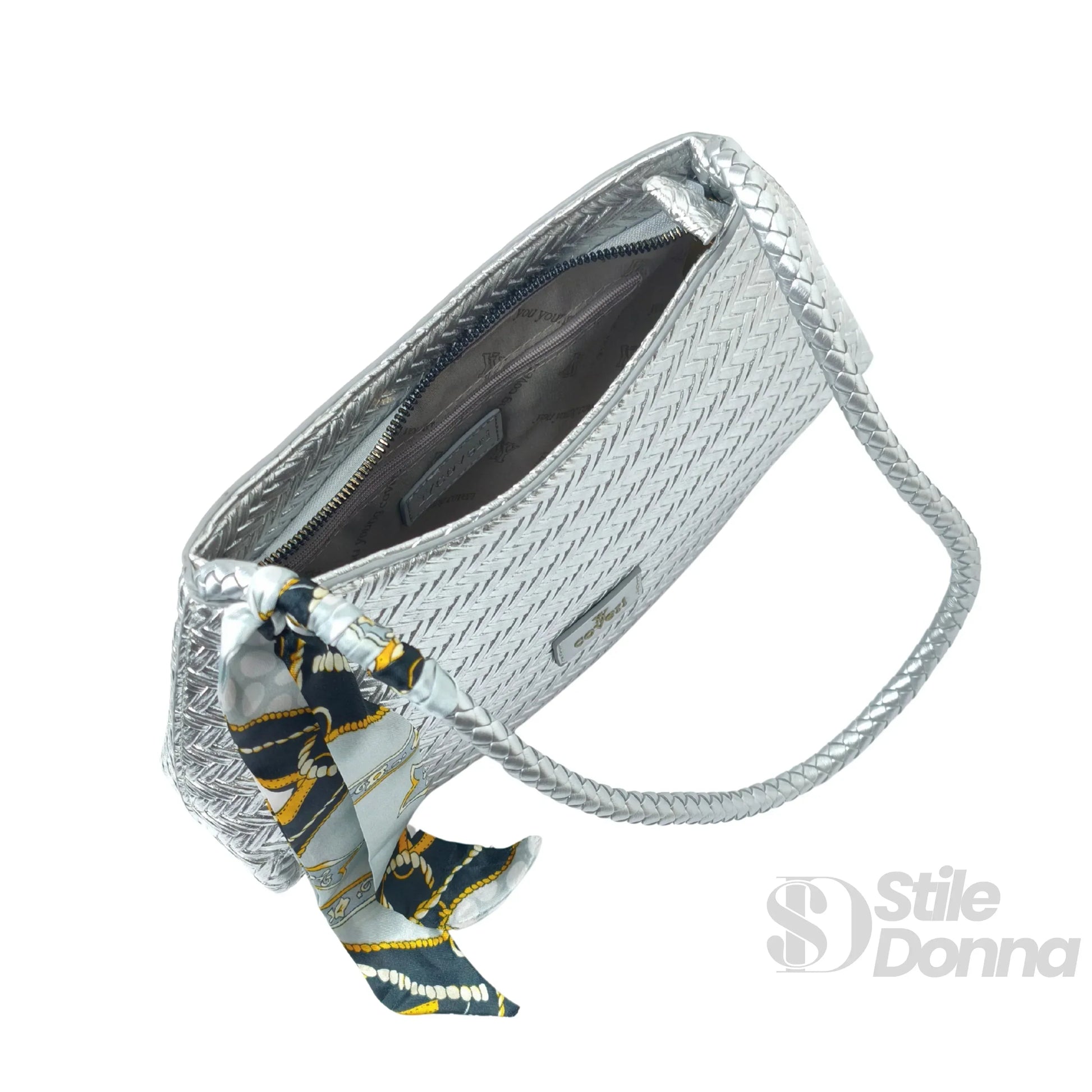 yy-coveri-borsa-a-tracolla-intrecciata-argentata-con-sciarpa-844 - Stile Donna Bags